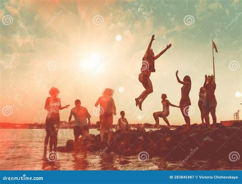 Man Group Fun Happiness Youth Jump Vacation Sunset Summer Ocean Friend Generative Ai Stock