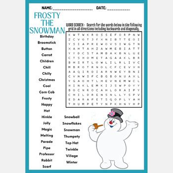 Frosty The Snowman Word Search Puzzle Worksheet Activity By Mind Games