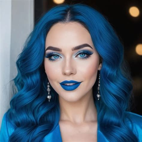 Lady With Blue Eyes Flowing Blue Hair Smiling Lip