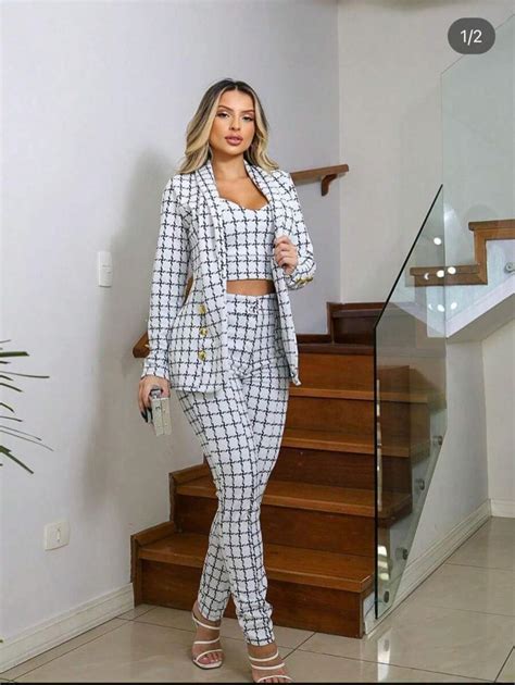 Conjunto 3 Peças Feminino - Conjunto 3 Peças Feminino Xadrez Max Blazer, Calça e Cropped em ...