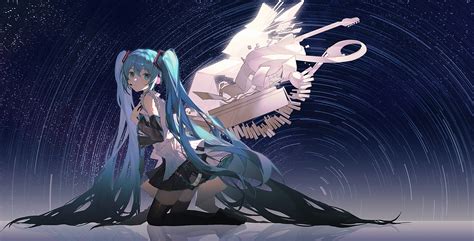 Aqua Eyes Aqua Hair Guitar Hatsune Miku Instrument Jpeg Artifacts