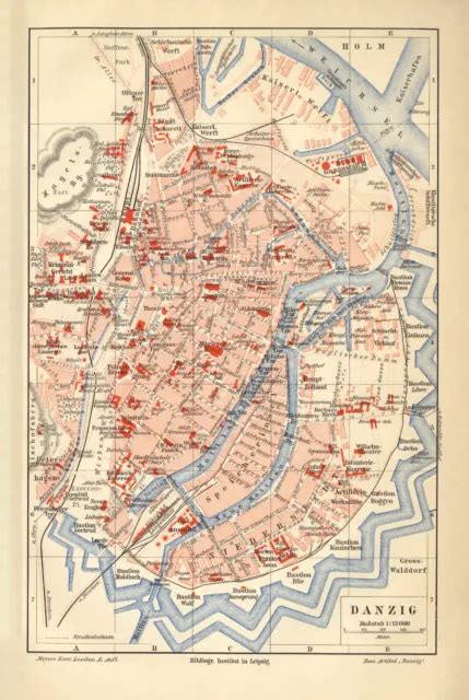 DANZIG HISTORISCHER STADTPLAN Karte Lithographie Ca 1903 Antike