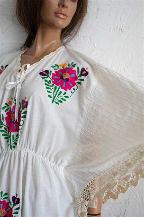 Mexican Wedding Dress White Cotton Red Floral Embroid Gem