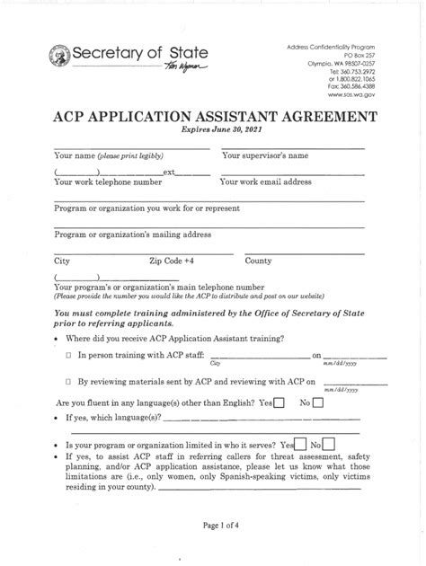 Fillable Online Acp Application Assistant Agreement Sos Wa Gov Fax