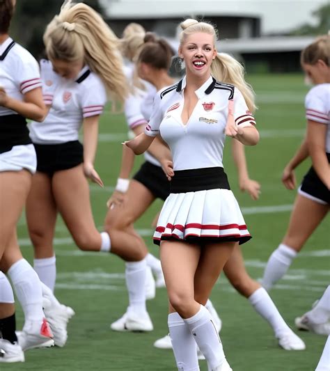 A Caucasian Blonde Cheer Leeder Wearing White Snicke