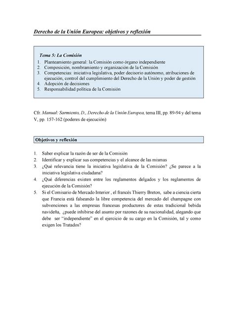 Objetivos tema 5 Derecho de la Unión Europea objetivos y reflexión