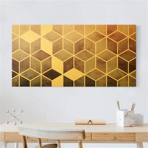 Goldene Geometrie Rosa Grau Leinwandbild Gold Im Querformat