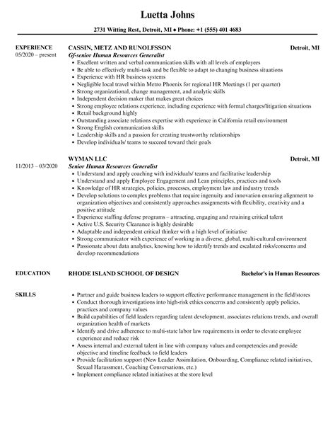 Senior Human Resources Generalist Resume Samples Velvet Jobs