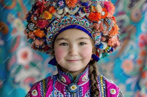 A Young Kazakh Girl Dressed In Vibrant Traditional Attire Premium Ai