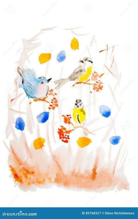 Watercolor Birds on Branches Stock Illustration - Illustration of grass ...