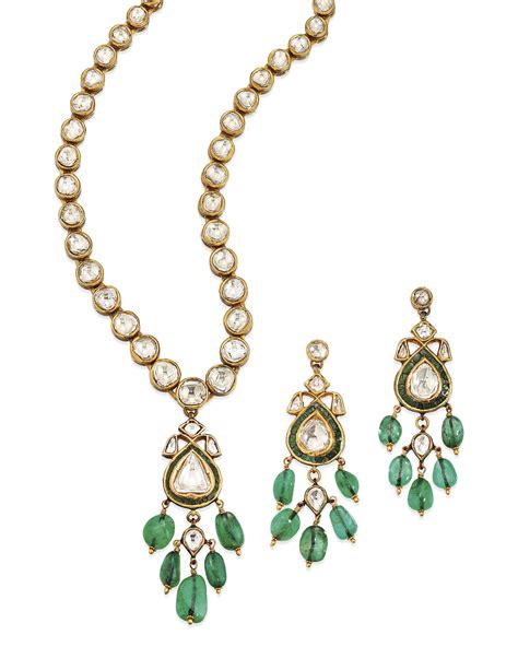 Indian Emerald Diamond Gem And Enamel Necklace And Earring Set Christies