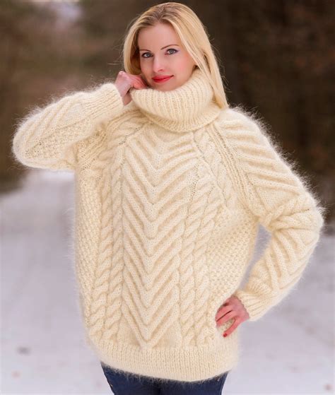 Cable Knit Sweater Hand Knitted Thick Mohair Pullover Fuzzy Etsy In