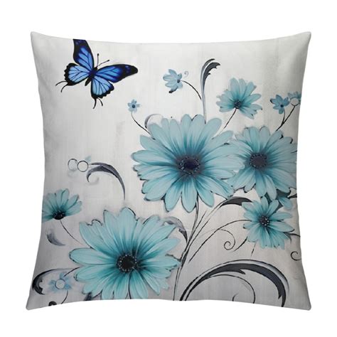 Jeuxus Farmhouse Blue Flower Pillow Cover Farm Daisy Floral Butterfly