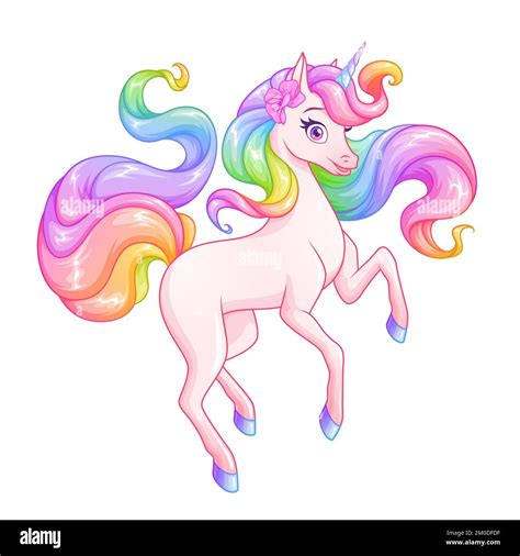 Beautiful Pink Unicorn With Rainbow Mane And Tail Vector Illustration