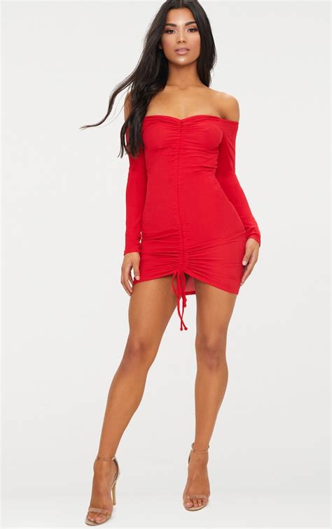 Red Ribbed Long Sleeve Bardot Ruched Bodycon Dress Prettylittlething