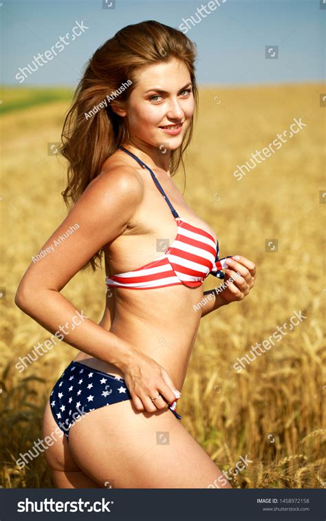 Sexy Woman In Sexy American Flag Bikini In A Wheat Field Stock Photo By