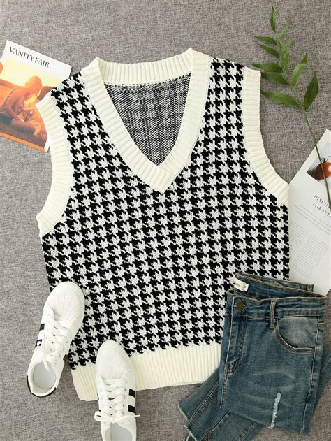 Houndstooth V Neck Sweater Vest Houndstooth Sweater Pattern Sweater