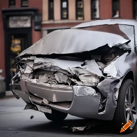 Crashed Silver Car Being Hauled Away On A Trailer In New York Streets