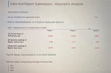 Solved Data And Report Submission Volumetric Analysis Chegg