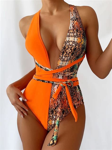 Snakeskin Knot Front Plunging One Piece Swimsuit