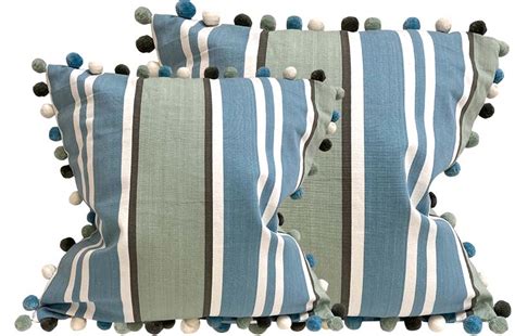 Teal Pale Aqua Dark Grey Striped Pompom Cushion Covers The Stripes