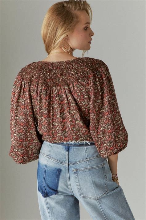 Printed Smocked Peasant Blouse