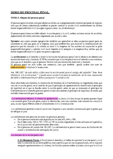 Procesal Penal Primer Parcial DERECHO PROCESAL PENAL TEMA 1 Objeto