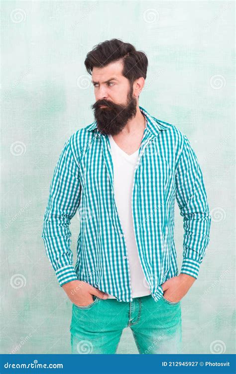 Bearded Man Seriously Tuned Denim Look Male Casual Fashion Style