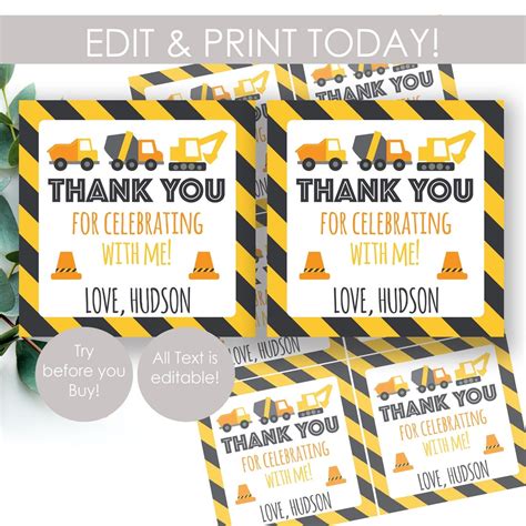 Editable Construction Birthday Party Favor Tags Printable Etsy