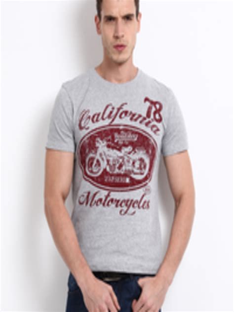 Buy Roadster Men Grey Melange Ranger Motorcycle Print Pure Cotton T