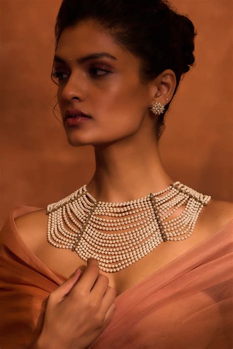 Buy Ivory Zircon Swarovski Pearl Waterfall Necklace By Tarun Tahiliani