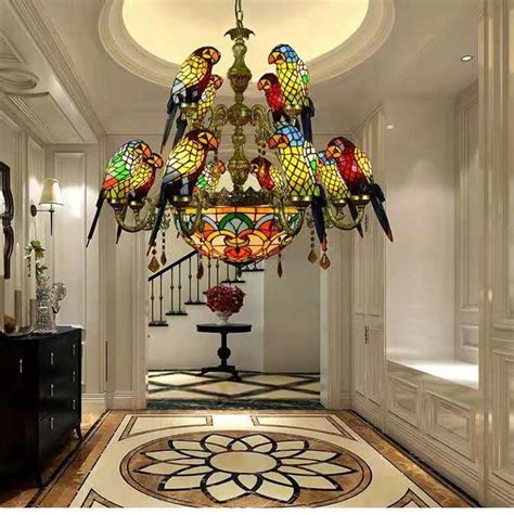 Tiffany Stained Glass Pendant Chandeliers Parrot Bird Ceiling Lamp