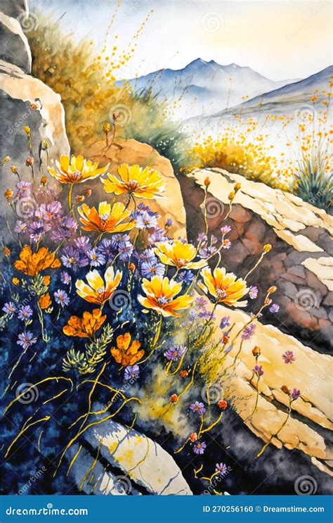 Hillside Scenery with Flowers, Close-up, Digital Watercolor Painting ...