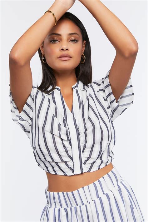 Forever 21 Striped Ruched Crop Top White Navy Forever21usa