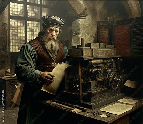 Johannes Gutenberg In His Workshop With His Printing Press Invention