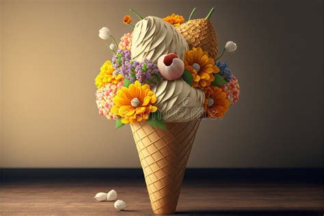 Bright And Colorful Bouquet Of Flowers In An Ice Cream Cone Stock