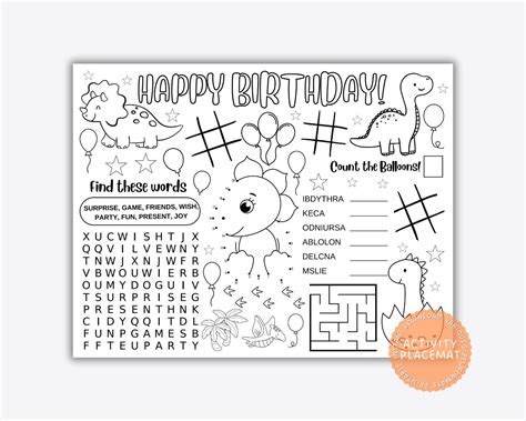 Birthday Activity Placemat Birthday Coloring Placemat Printable