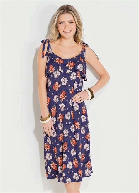 Vestido Quintess Midi Floral Marinho Babado Queima De Estoque