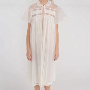 70s Lingerie Robe White Long Jacket Nightgown Pajama Robe Sheer Midi Nylon Nightie Open Tie