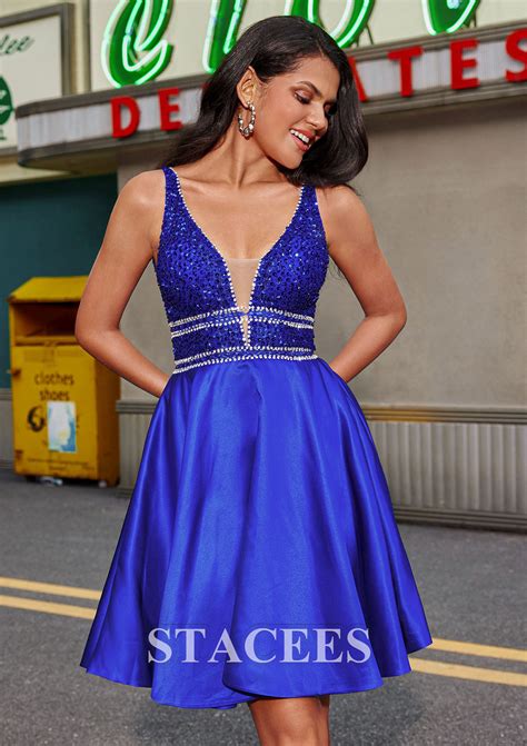 A Line V Neck Short Mini Satin Homecoming Dress With Beading Crystal