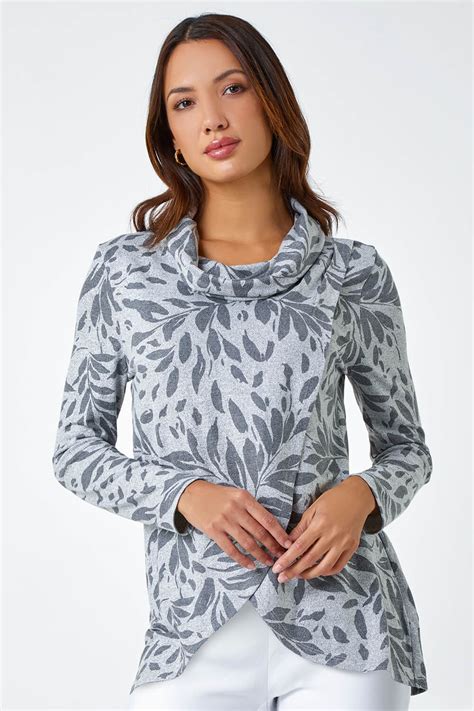 Grey Floral Print Cowl Neck Stretch Top Roman Uk