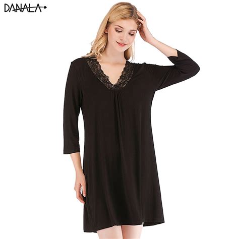 Deal Danala Modal Women Nightgowns Summer Sexy Lace Solid V Neck Mini