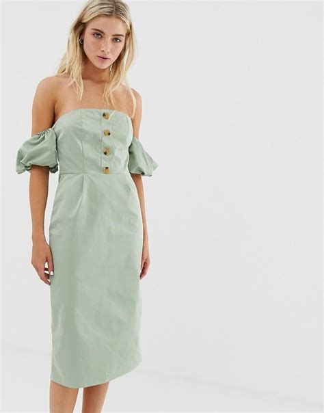 Glamorous Bardot Midi Dress With Buttons In Green Lyst