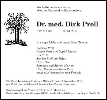 Traueranzeigen Von Dirk Prell Saarbruecker Zeitung Trauer De