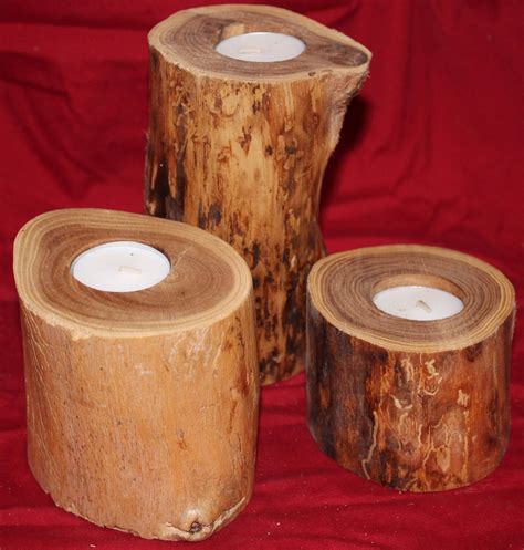 Three Piece Set Of Rustic Log Candle Holders Perfect Gift Or Cabin