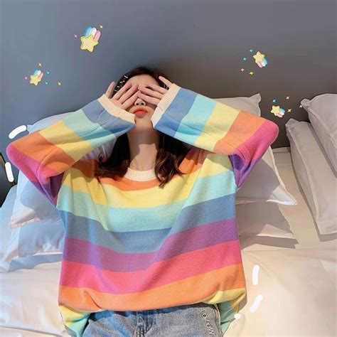 Rainbow Striped Loose Sweater Se20678 Kawaii Clothes Rainbow Outfit