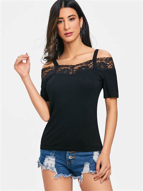 Gamiss Lace Trim Cold Shoulder Women T Shirt Summer Off The Shoulder ...