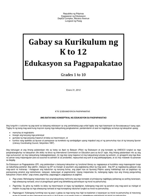 Edukasyon Sa Pagpapakatao K To 12 Curriculum Guide Pdf