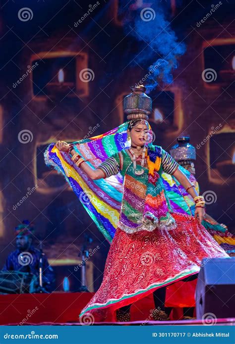 Female Artist Performing Rajasthani Folk Dance Ghoomar Editorial