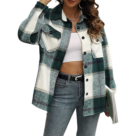 Womens Casual Plaid Shacket Wool Blend Button Down Long